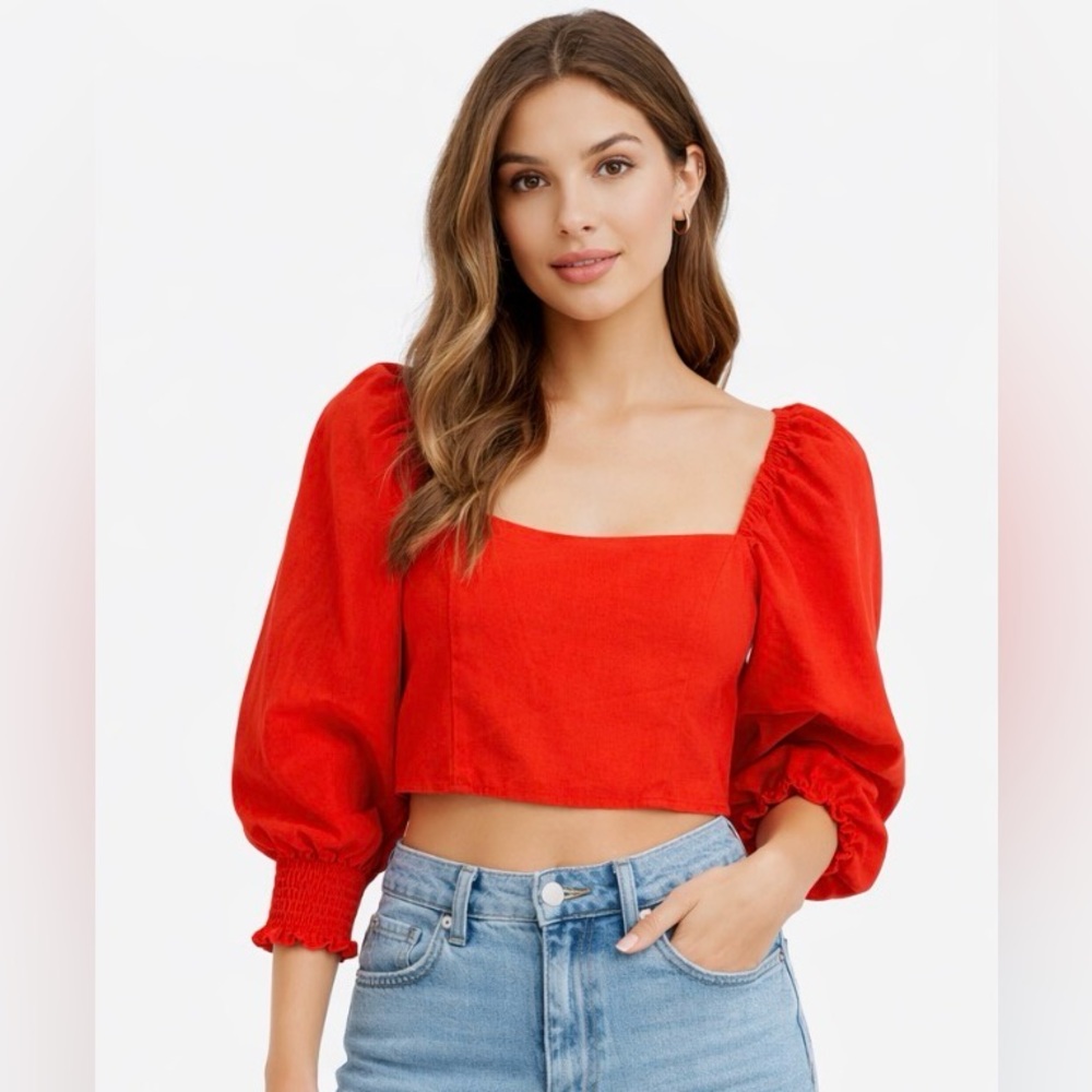 O.P.T Red Puff Sleeve Crop Top – Size Small